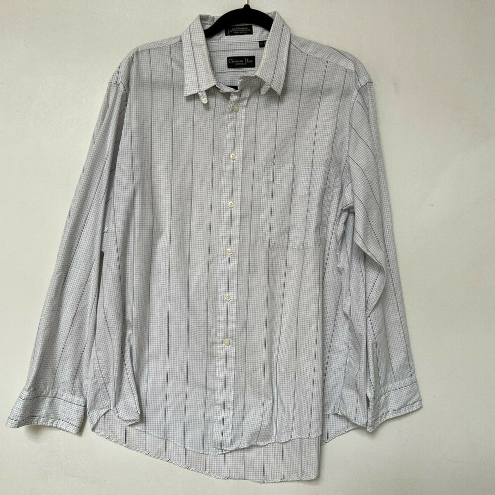 Christian Dior Monsieur Check Long Sleeve Button Down Shirt White Mens Size 17